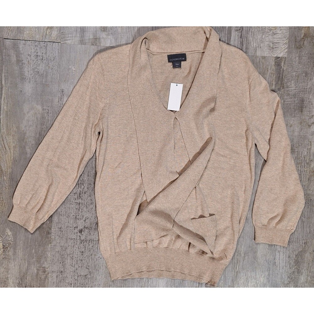 Covington Womens Sweater Medium Tan Beige Lightweight Pullover 3/4 Tie Neck NWT